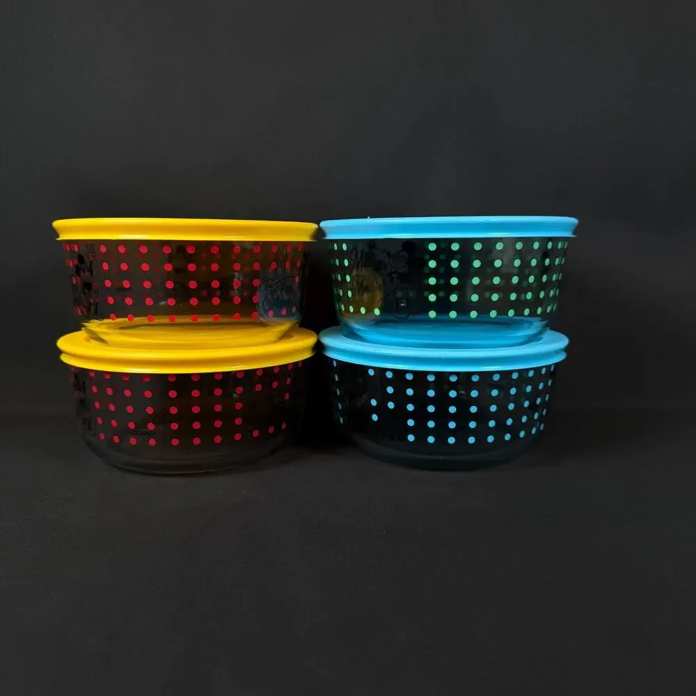 Lot of 4 Pyrex Mickey Mouse Disney Storage Bowls w lid Set Vintage 6